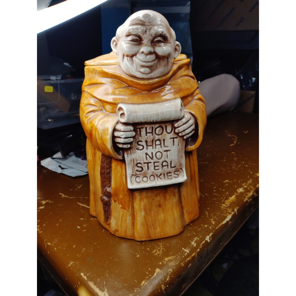 Vintage Treasure Craft Monk Cookie Jar Thou Shalt Not Steal Cookies Ceramic USA